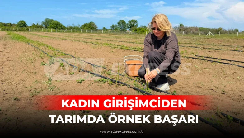 Karasu’da 25 dönümlük arazide organik kuşkonmaz üretimi yapan kadın girişimci Ayçin Ekşi tarlasında incelemelerde bulunuyor.